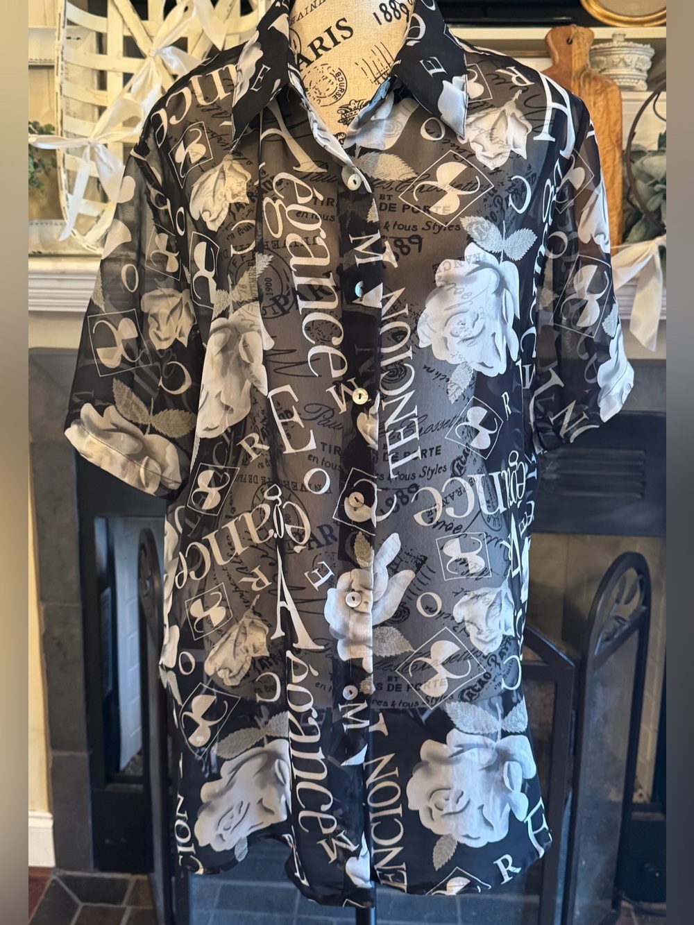 1990s Superline Sheer Chiffon Typography & Graphic Rose Button Up Top Mall Goth